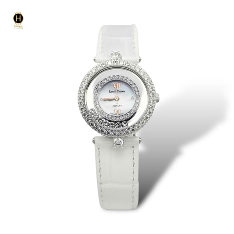 Đồng Hồ Nữ Royal Quarrtz 3628 Dây Da Mặt Trắng Viền Đá