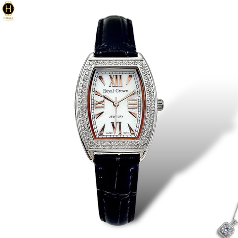 Đồng Hồ Nữ Royal Quartz 3635 Dây Da Đen Mặt Trắng Viền Đá