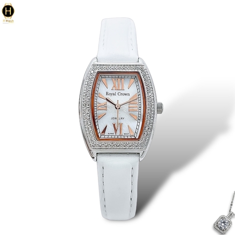 Đồng Hồ Nữ Royal Crown Quartz 3635 Dây Da Trắng Mặt Trắng Viền Đá