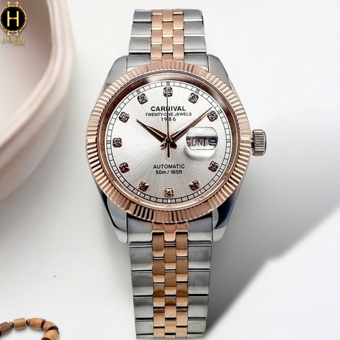 Đồng Hồ Nam Carnival Automatic 8131G-CH-T ( 8131G ) Dây Thép Demi Vàng Hồng Mặt Trắng
