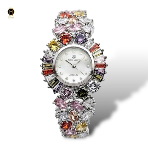 Đồng Hồ Nữ Royal Crown Quartz 8396 Thép Trắng Đá Màu