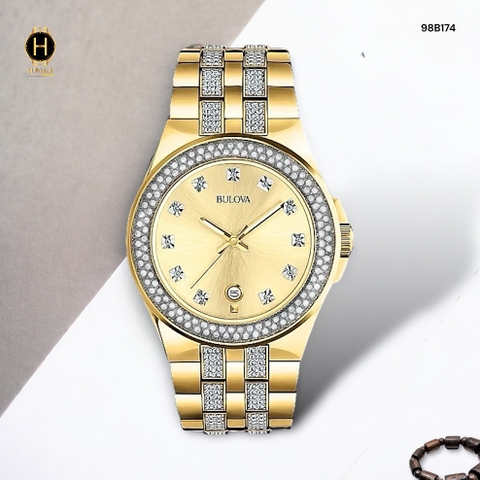 Đồng Hồ Nam Bulova Quartz 98B174 Dây Thép Demi Vàng Mặt Vàng.