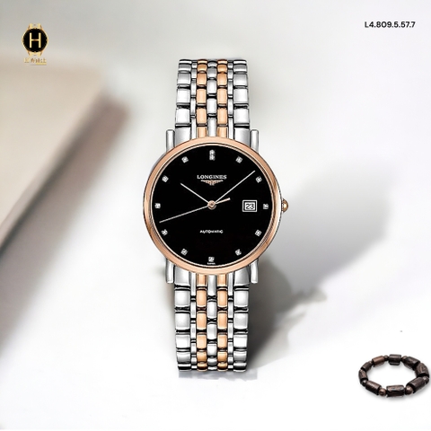 Đồng Hồ Unisex Longines Automatic L4.809.5.57.7 Dây Thép Demi Vàng Hồng Mặt Đen Đính Diamond.