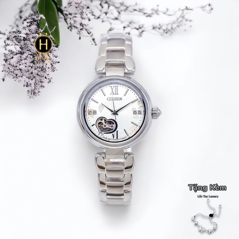 Đồng Hồ Nữ CITIZEN Cơ PR1020-85A Dây Thép Mặt Trắng Lộ  Kính Sapphire