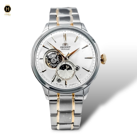 Đồng Hồ Nam Orient Automatic RA-AS0101S10B Open Heart Sun And Moon Gen 6 Dây Thép Demi Vàng Hồng Mặt Trắng