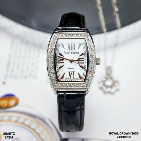 Đồng Hồ Nữ Royal Crown Quartz 3635 Vuông Dây Da Đen