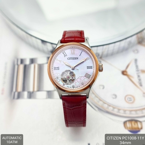 Đồng Hồ Nữ Citizen Automatic PC1008-11Y Da Đỏ Mặt Trắng Kính Sapphire
