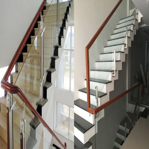 CẦU THANG KÍNH TAY VỊN GỖ VUÔNG CAO CẤP KÍNH CƯỜNG LỰC 10mm