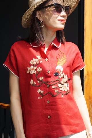 MaxMessi - Áo top linen vai đỗ viền ren thêu tay ALICE