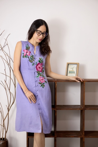 Đầm linen MaxMessi Premium Collection thêu tay sát nách dáng xòe