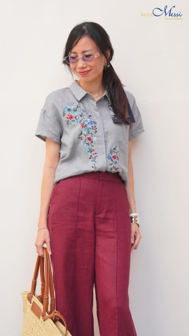 Áo sơ mi linen tay ngắn thêu lệch tầng PRIM  MaxMessi