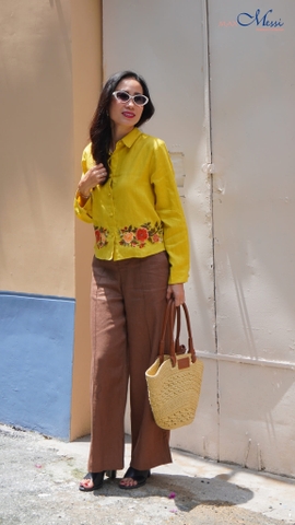 Áo sơ mi linen tay dài thêu chân VIC MaxMessi