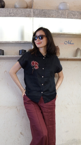 Sơ mi linen thêu tay thủ công hoa 3 lá