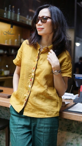 Áo sơ mi tay cộc linen thêu tay viền nẹp HOLIC  MaxMessi