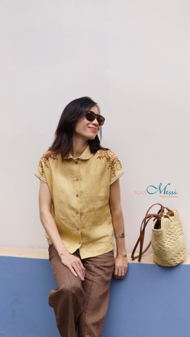 Áo top linen vai đỗ viền ren Thêu hoa 2 vai GRACE