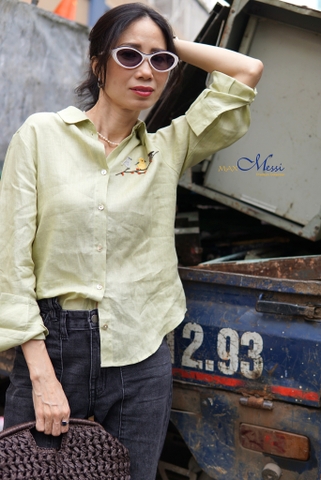 Sơ mi linen thêu tay 3 chim non EMMA