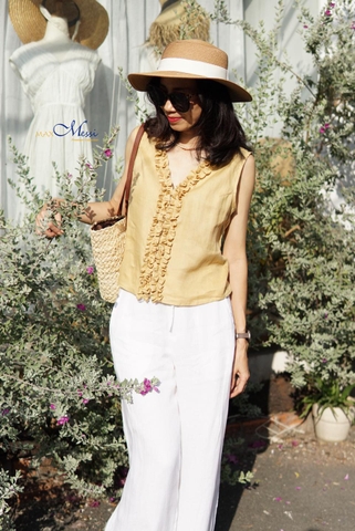 A224 Áo Linen sát nách cổ xếp SHELLY