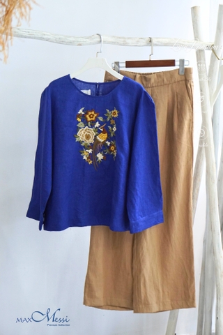 MaxMessi - Áo top linen tay dài thêu tay thủ công ALAN