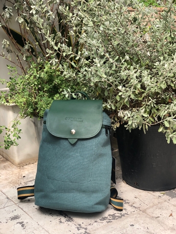 A206- SHEMZ Balo vải hemp phối da bò kích nhỏ Ngang 27cm x Cao 34cm x Đáy 10cm.