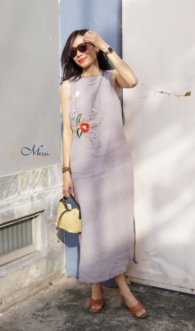 G119 Đầm linen pháp thêu hoa TRÀ MI viền cổ