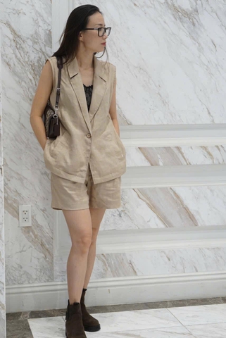 MaxMessi - Quần short linen cạp cao phối Ghile dài linen