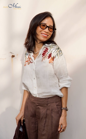 A314 Áo FORTUNA sơ mi linen pháp thêu hoa bách hợp 2 vai