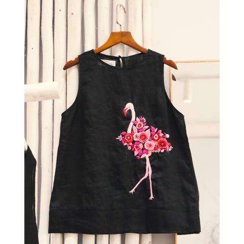 Áo top linen thêu hồng hạc DOMINIC - MaxMessi