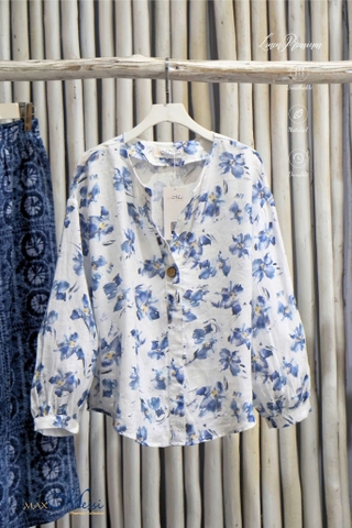 Áo linen nữ MaxMessi Premium Collection CHAVA tay lửng cổ trụ gắn nút