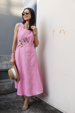 G94 Đầm linen cổ vuông thêu tay thủ công BETTY