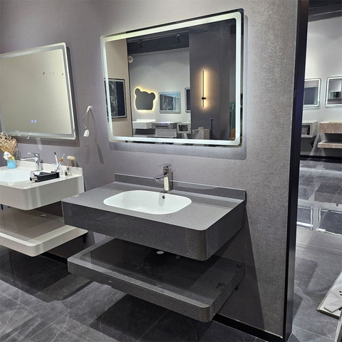 Bàn Đá Lavabo 2 Tầng Bo Góc Màu Xám Bi Cao Cấp