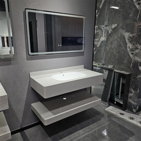 Bàn Đá Lavabo 2 Tầng Bo Góc Màu Be Cao Cấp