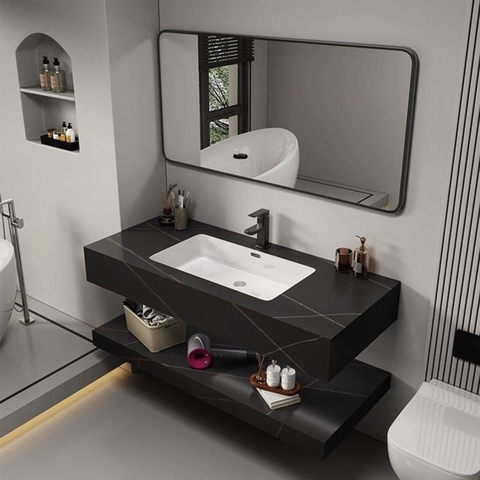 Bộ Bàn Đá Lavabo 2 Tầng Tràn Viền Màu Đen