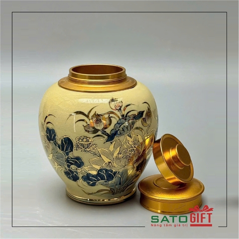 Quà tặng VIP - Hũ đựng trà Hoa sen Vẽ vàng 24k