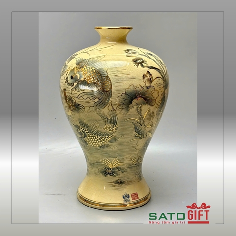 Mai bình chép sen gốm Chu Đậu vẽ vàng 24k