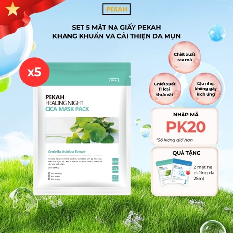 Set Mặt Nạ Giấy Kháng Khuẩn , Dịu Nhẹ Và Cải Thiện Da Mụn Chiết Xuất Rau Má PEKAH 25ml - PEKAH Healing Night Cica Mask Pack