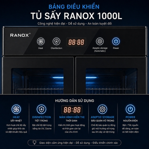 TỦ SẤY BÁT ĐĨA RANOX 1000L CAO CẤP