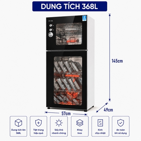 TỦ SẤY BÁT 368L MÀU ĐEN, ĐIỀU CHỈNH THỜI GIAN