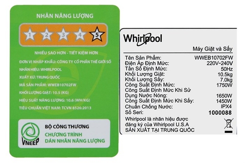 Máy giặt sấy Whirlpool SaniCare giặt 10.5 kg/sấy 7kg WWEB10702FW Trắng