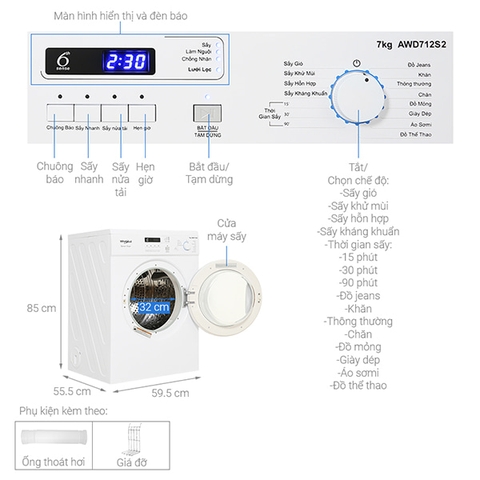 Máy sấy thông hơi Whirlpool 7 Kg AWD712S2
