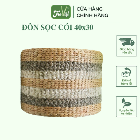 Ghế Đôn Lục Bình Sọc Cói 40x30cm - Round Water Hyacinth Woven Ottoman