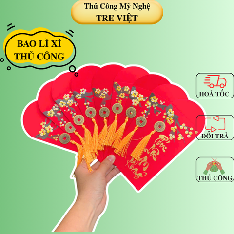 Bao lì xì đỏ mừng thọ/ mừng tuổi chữ viết tay Thư Pháp câu chúc có đồng xu may mắn