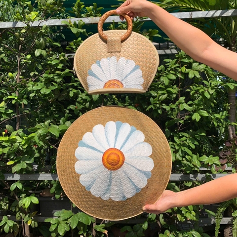 Set Nón Cỏ Bàng và Túi Xách Cầm Tay Vẽ Hoa Handmade