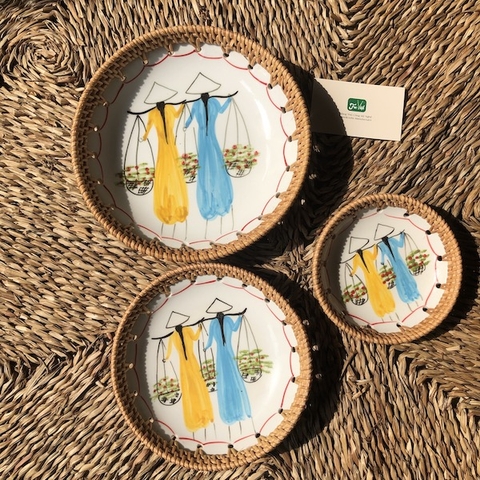 Dĩa sứ tròn đan mây - Đĩa sứ viền mây tre đan tay decor, đựng đồ