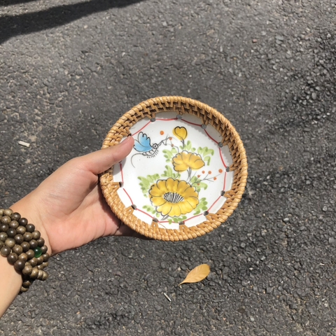 Dĩa sứ tròn đan mây - Đĩa sứ viền mây tre đan tay decor, đựng đồ