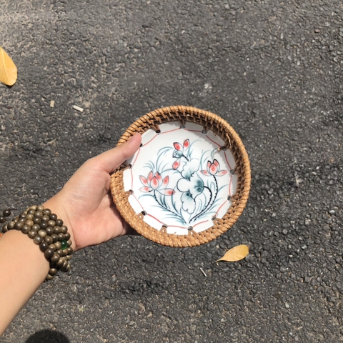 Dĩa sứ tròn đan mây - Đĩa sứ viền mây tre đan tay decor, đựng đồ