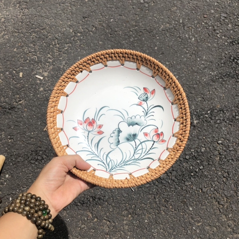 Dĩa sứ tròn đan mây - Đĩa sứ viền mây tre đan tay decor, đựng đồ