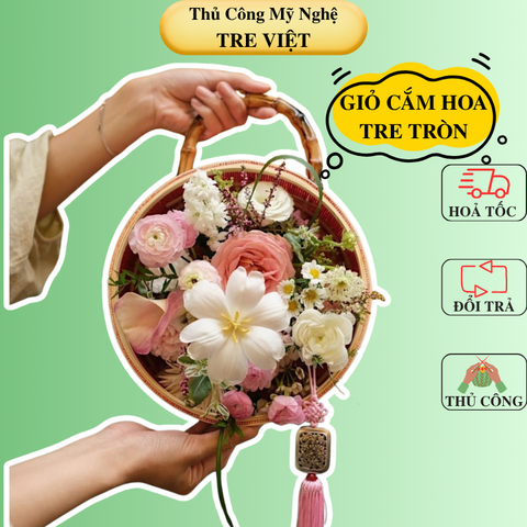Giỏ cắm hoa tròn bằng tre - Giỏ tre tròn cắm hoa, đựng trái cây