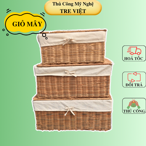 Giỏ Mây Đa Năng Đựng Đồ Có Nắp Lót - Rattan Basket