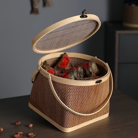 Giỏ trụ bằng tre xinh xắn - Giỏ đựng quà tặng, giỏ đi chơi dã ngoại