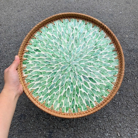 Khay Mây Khảm Trai - Mâm Mây Khảm Trai Đựng Đồ An, Trang Trí Bàn Ăn